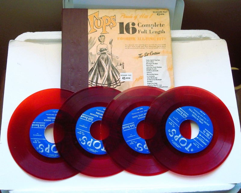 TOPS 1950s PARADE of HITS ALBUM, 4 RED VINYL 45 RPM RECORDS