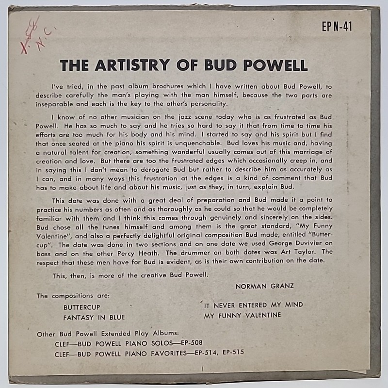 Ultra RARE Bud Powell - The Artistry of Bud Powell 7" 45rpm EP Vinyl 1954 VG+ gallery