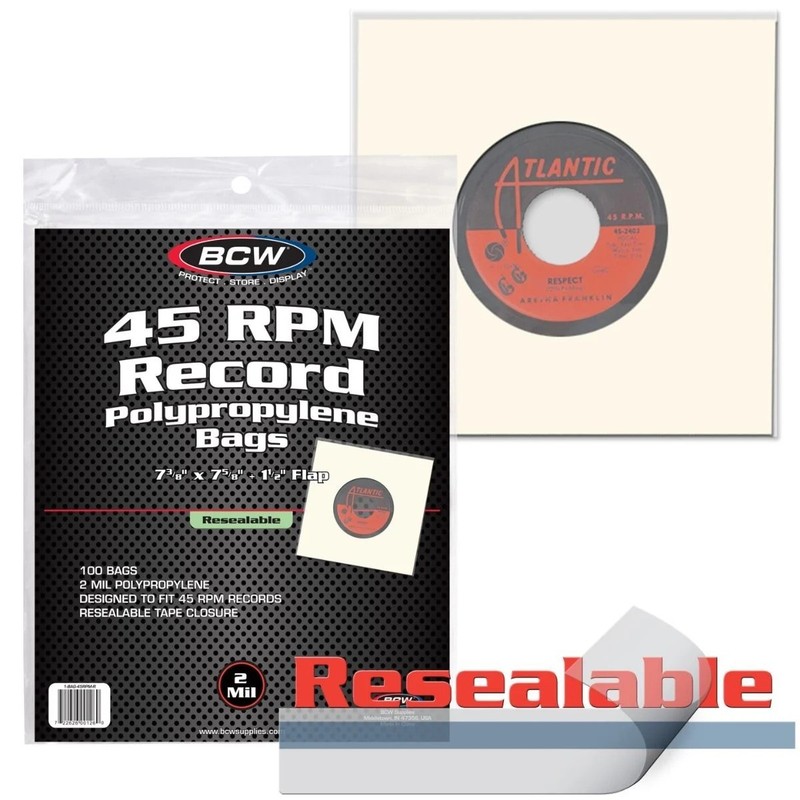 100 BCW Resealable 45 RPM Record Poly Bags 2 mil Archival Safe w/ Tape Closure