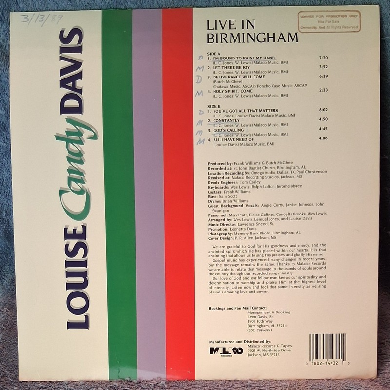 LOUISE CANDY DAVIS Live In Birmingham 1989 LP Gospel MALACO Records #MAL4432 gallery