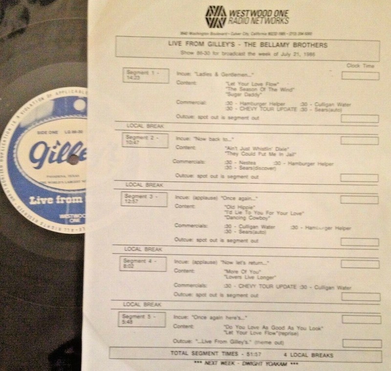 RADIO SHOW: LIVE FROM GILLEYS 8/14/89 BELLAMY BROTHERS 12 TUNES LIVE IN CONCERT