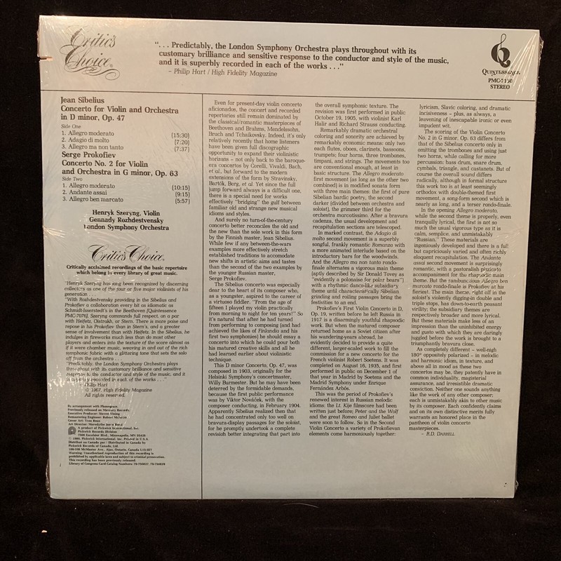 HENRYK SZERYNG violin - SIBELIUS & PROKOFIEV Concertos QUINTESSENCE ST LP SEALED gallery