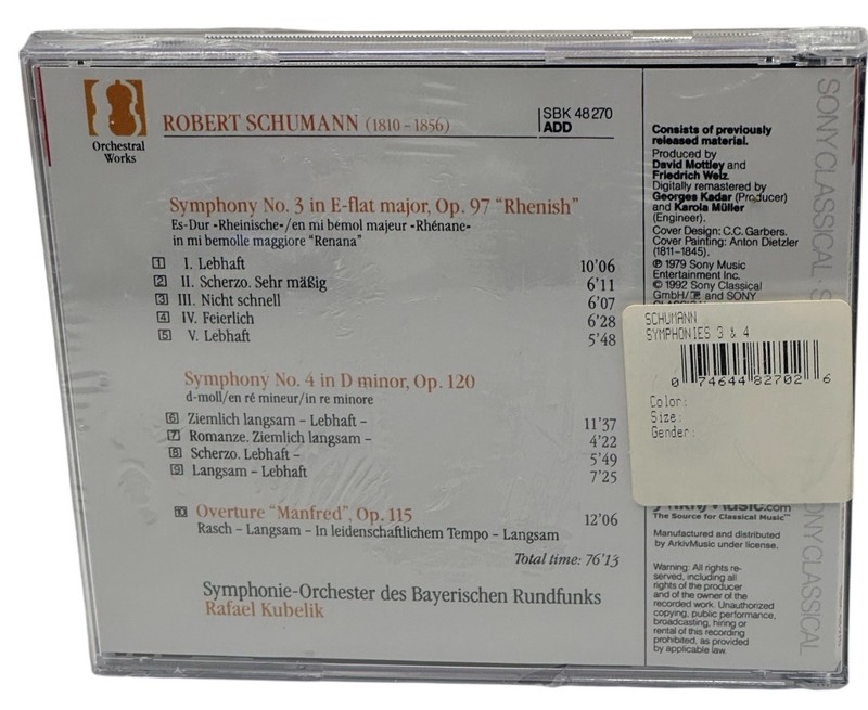 ROBERT SCHUMANN Schumann Symphonies No. 3 Rhenish No. 4 Manfred CD New gallery
