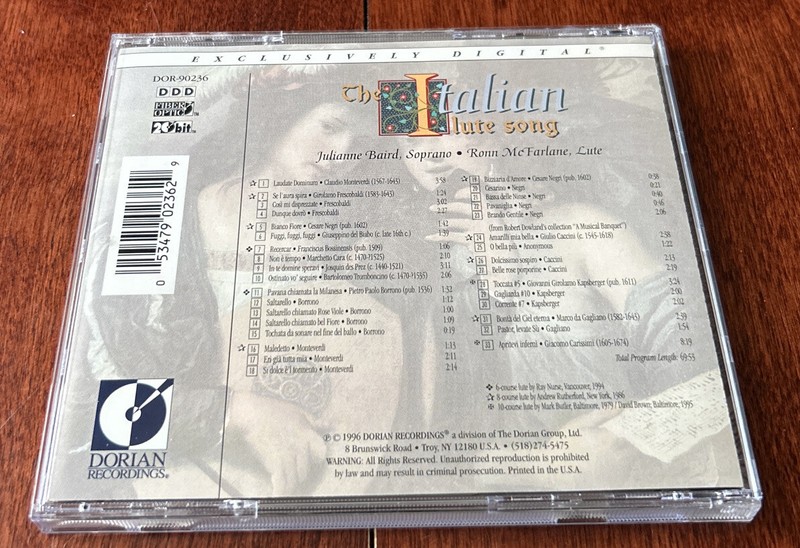 THE ITALIAN LUTE SONG- JULIANNE BAIRD & RONN McFARLANE CD. DORIAN DOR-90236 gallery