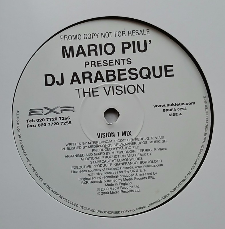 Vinyl Record – Mario Piu’ Presents DJ Arabesque – The Vision – 12″ Promo UK 2001
