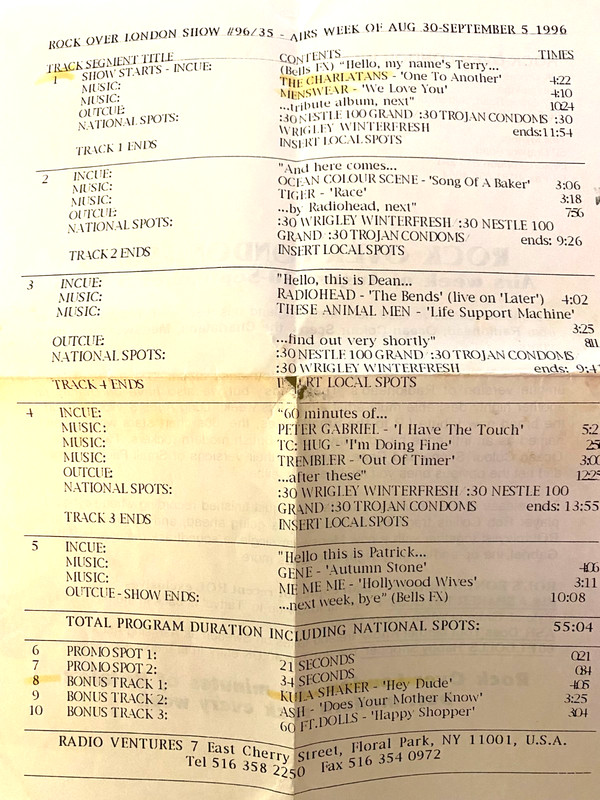 8/30/96 ROCK OVER LONDON RADIOHEAD ('BRIT BEAT' LIVE), CHARLATANS (ROB COLLINS) gallery