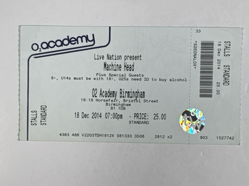Machine Head Concert Ticket Original 02 Academy Birmingham 18th December 2014