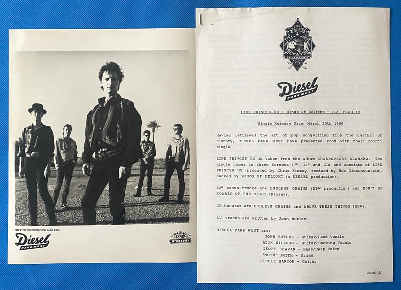 Diesel Park West Like Princes Do 1989 Promo Photograph 10×8 Press Release Letter