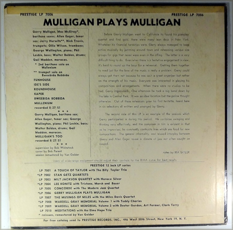MULLIGAN PLAYS MULLIGAN-PRESTIGE 7006-446 W. 50TH ST ORIGINAL, RVG ETCHED gallery