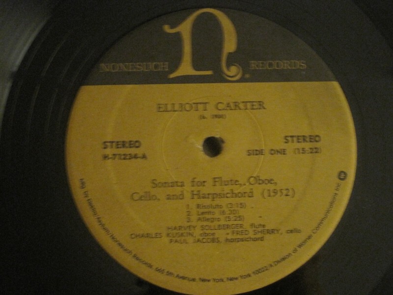 ELLIOTT CARTER SONATA FOR FLUTE OBOE CELLO & HARPSICHORD LP NONESUCH H-71234 VG+ gallery