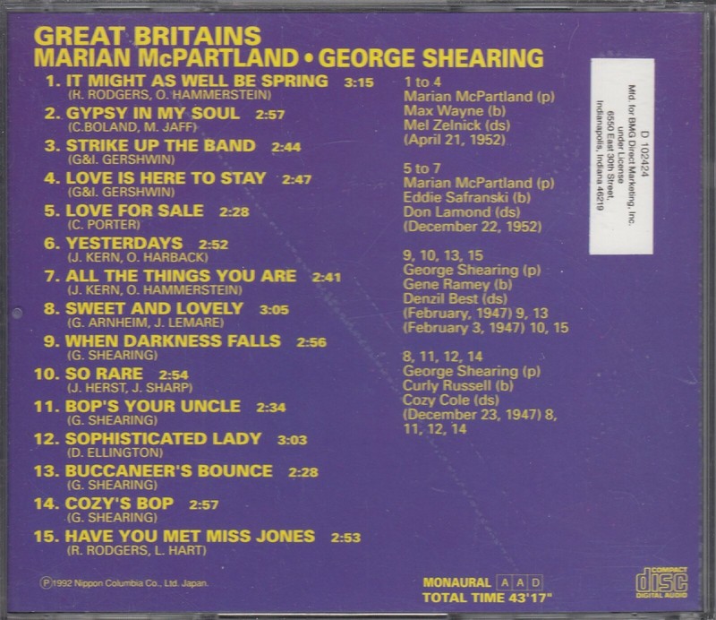 Great Britain's Marian McPartland and George Shearing (1992) (CD) gallery