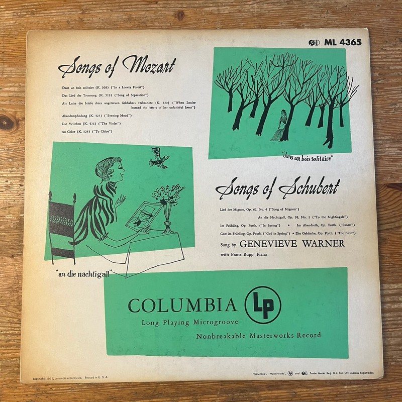 Genevieve Warner – Songs of Mozart & Schubert LP 1951 Columbia Classical Vinyl