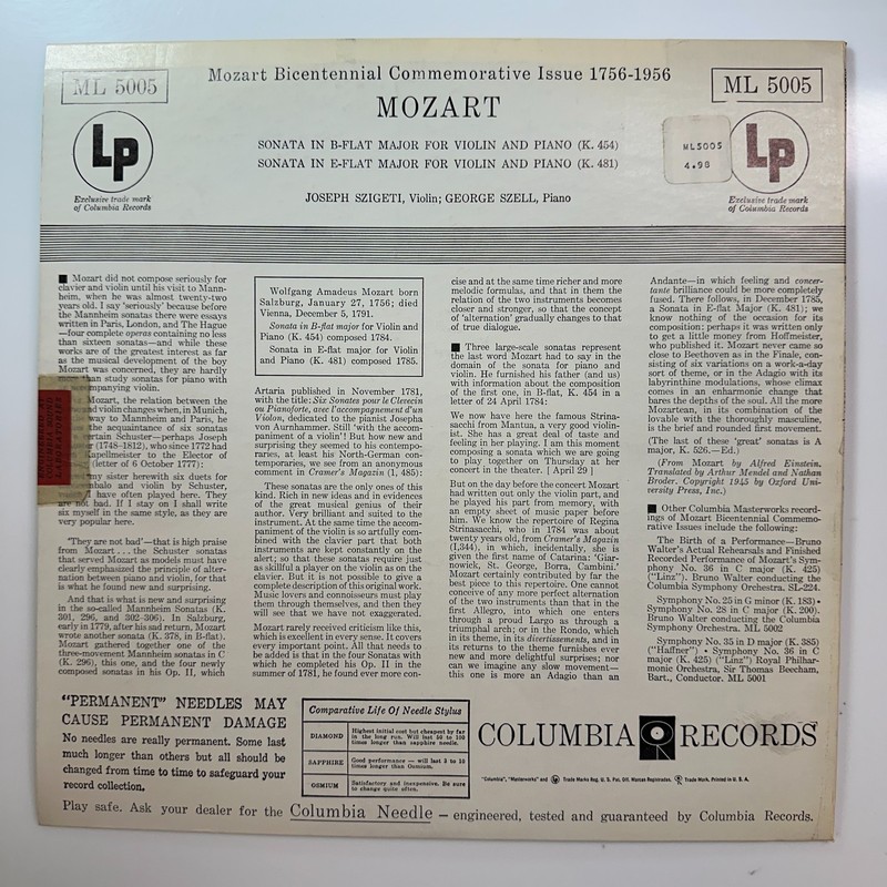 Sonata Violin Piano LP Vinyl Record Mozart Szell Szigeti Columbia ML 5005 6 Eye gallery