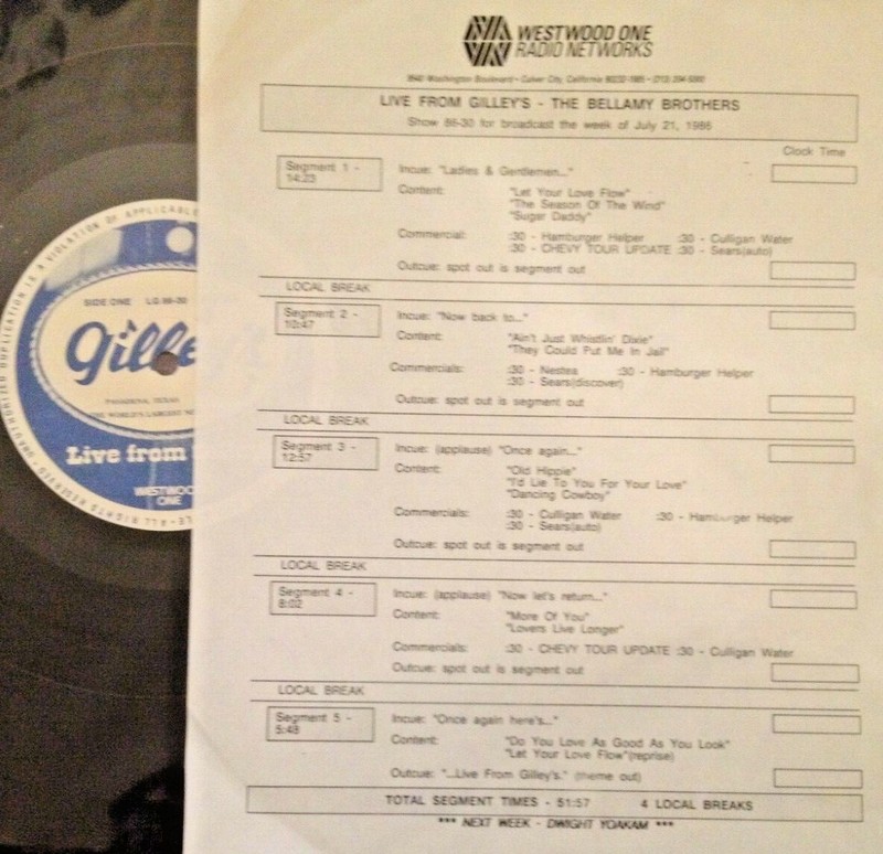 RADIO SHOW: LIVE FROM GILLEYS 7/21/86 BELLAMY BROTHERS 12 TUNES LIVE IN CONCERT