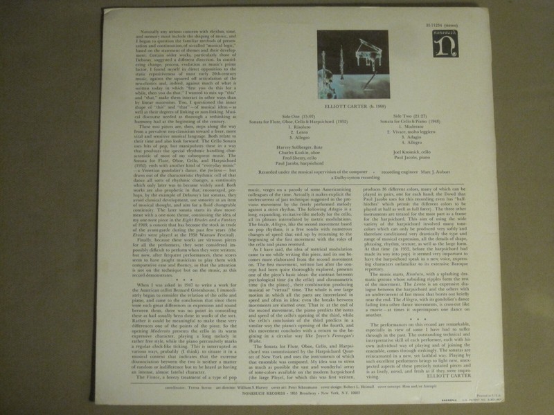 ELLIOTT CARTER SONATA FOR FLUTE OBOE CELLO & HARPSICHORD LP NONESUCH H-71234 VG+ gallery