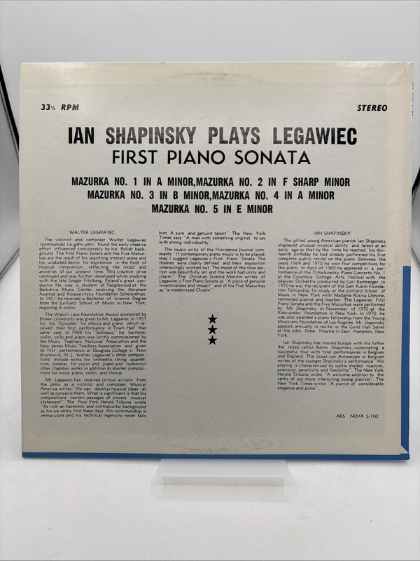 IAN SHAPINSKY PLAYS LEGAWIEC First Piano Sonata Five Mazurkas Vinyl LP NM gallery