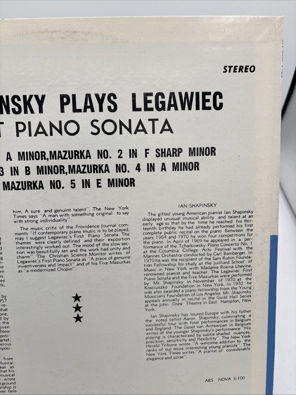 IAN SHAPINSKY PLAYS LEGAWIEC First Piano Sonata Five Mazurkas Vinyl LP NM gallery