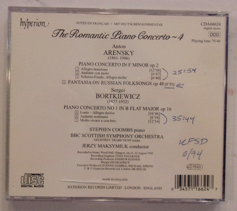 ARENSKY & BORTKIEWICZ PIANO CONCERTOS STEPHEN COOMBS / BBC SCOTTISH SO - CD gallery