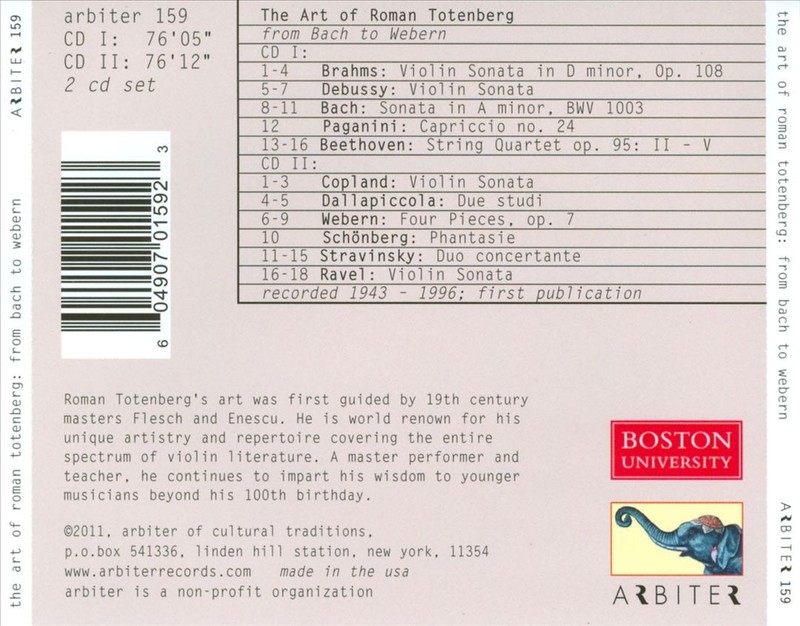 THE ART OF ROMAN TOTENBERG: FROM BACH TO WEBERN – RECODRINGS FROM 1943-1996 NEW