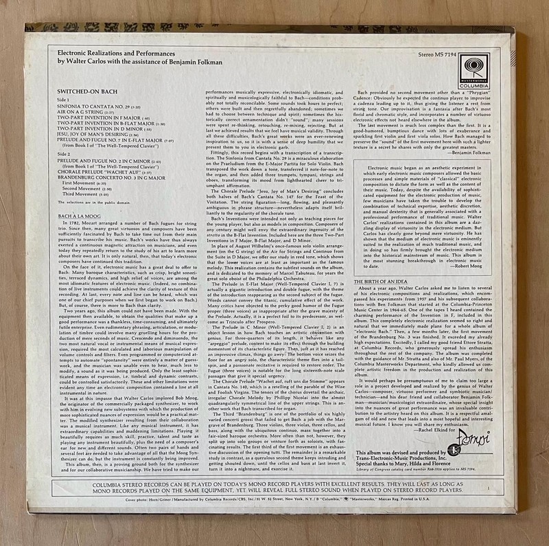 SWITCHED-ON BACH 1968 Wendy Carlos Moog Synth Classical Vinyl LP 1st Pressing gallery