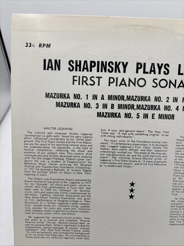 IAN SHAPINSKY PLAYS LEGAWIEC First Piano Sonata Five Mazurkas Vinyl LP NM gallery