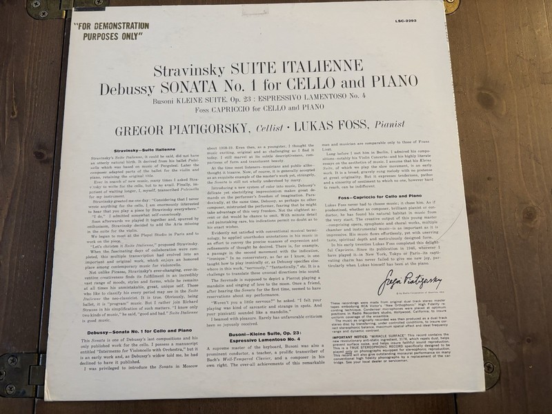 Piatigorsky Stravinsky Debussy Suite Italienne Sonata 1959 PROMO Press Classical gallery